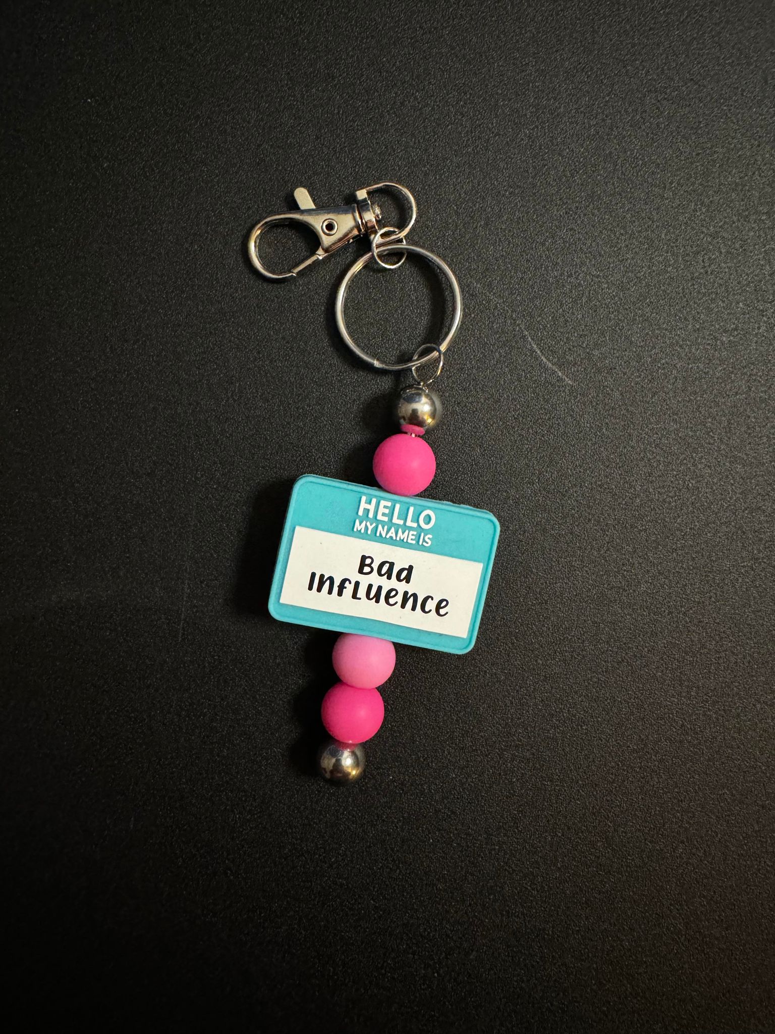 Hello My Name Is Bad Influence Beaded Keychain