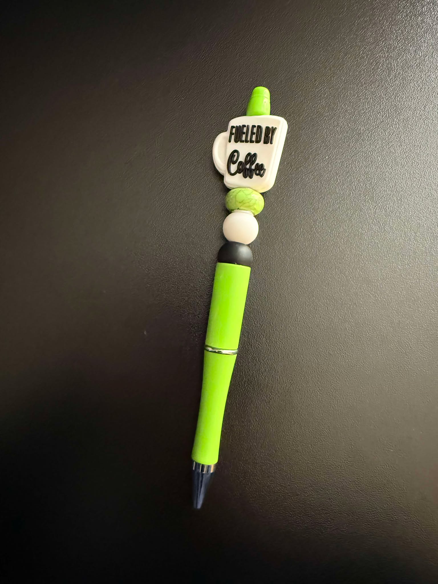 Black and Green Fueled by Coffee Silicone Beaded Pen