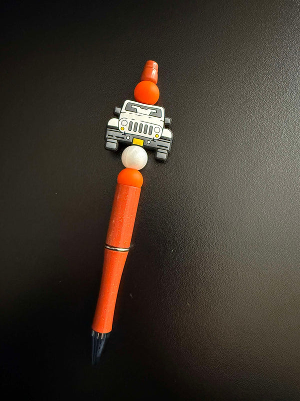White W/ Orange Green Beep Beep Theme Silicone Beaded Pen