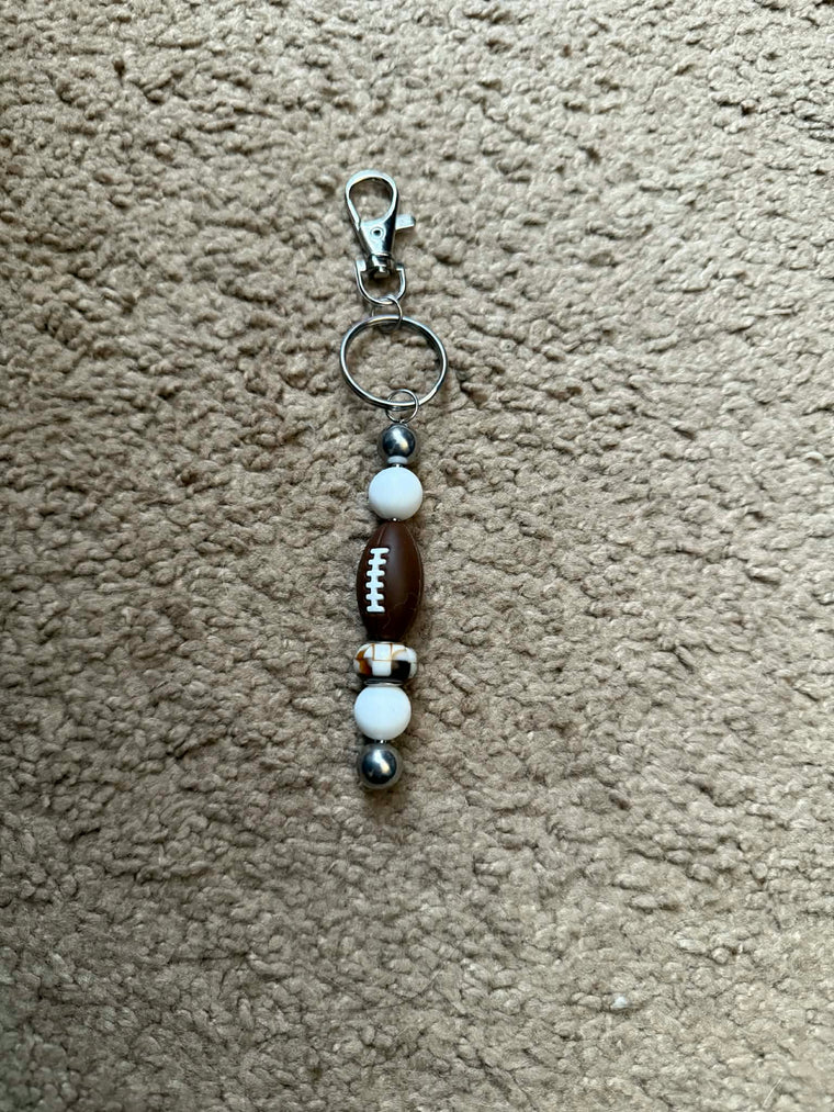 White Football Theme Beaded Keychain