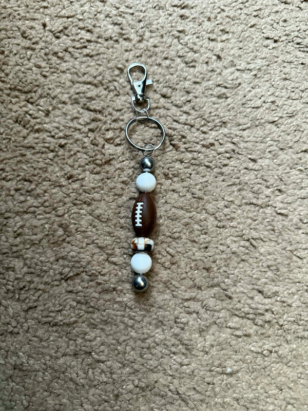 White Football Theme Beaded Keychain