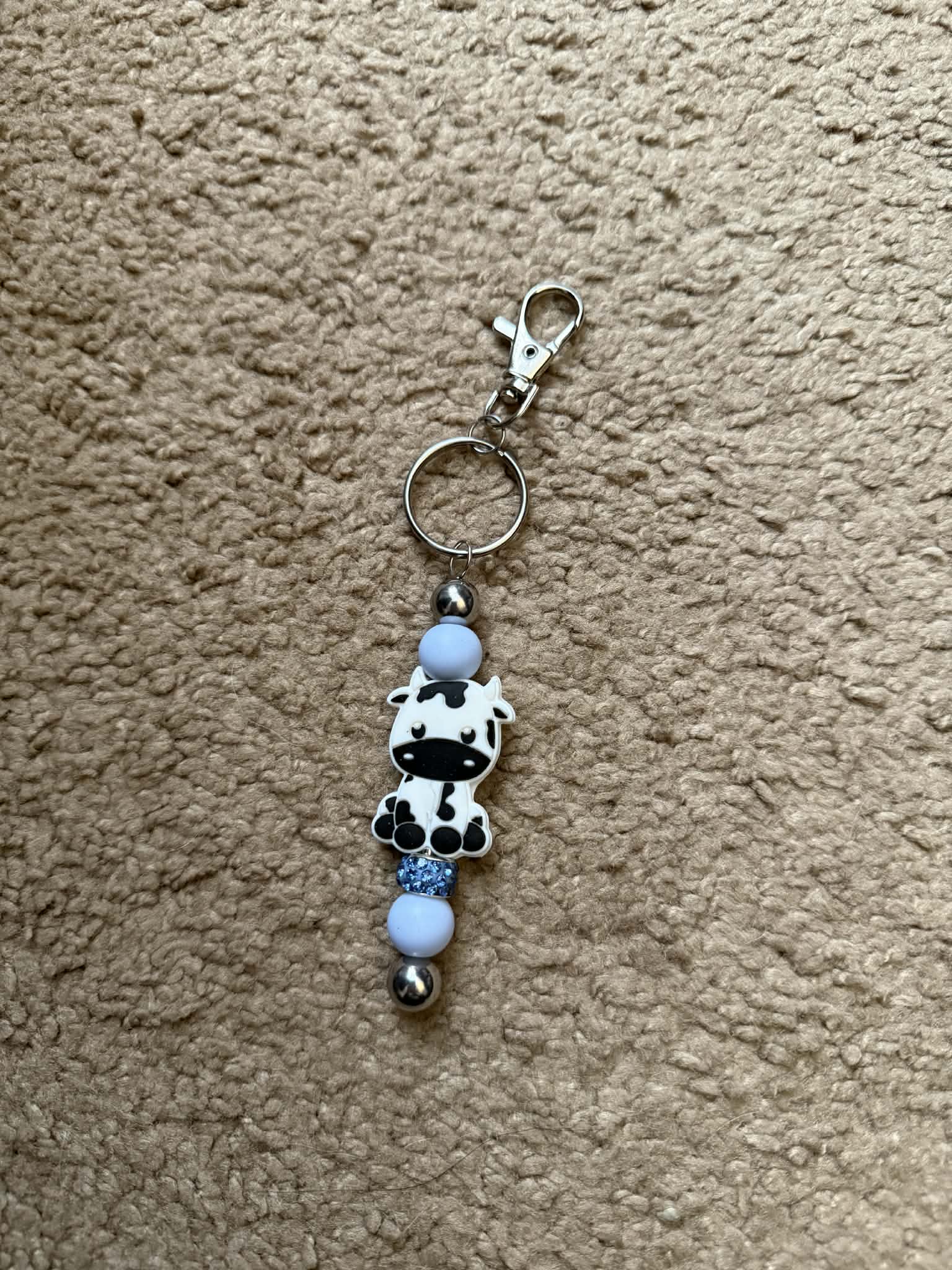 Blue Cow Theme Beaded Keychain