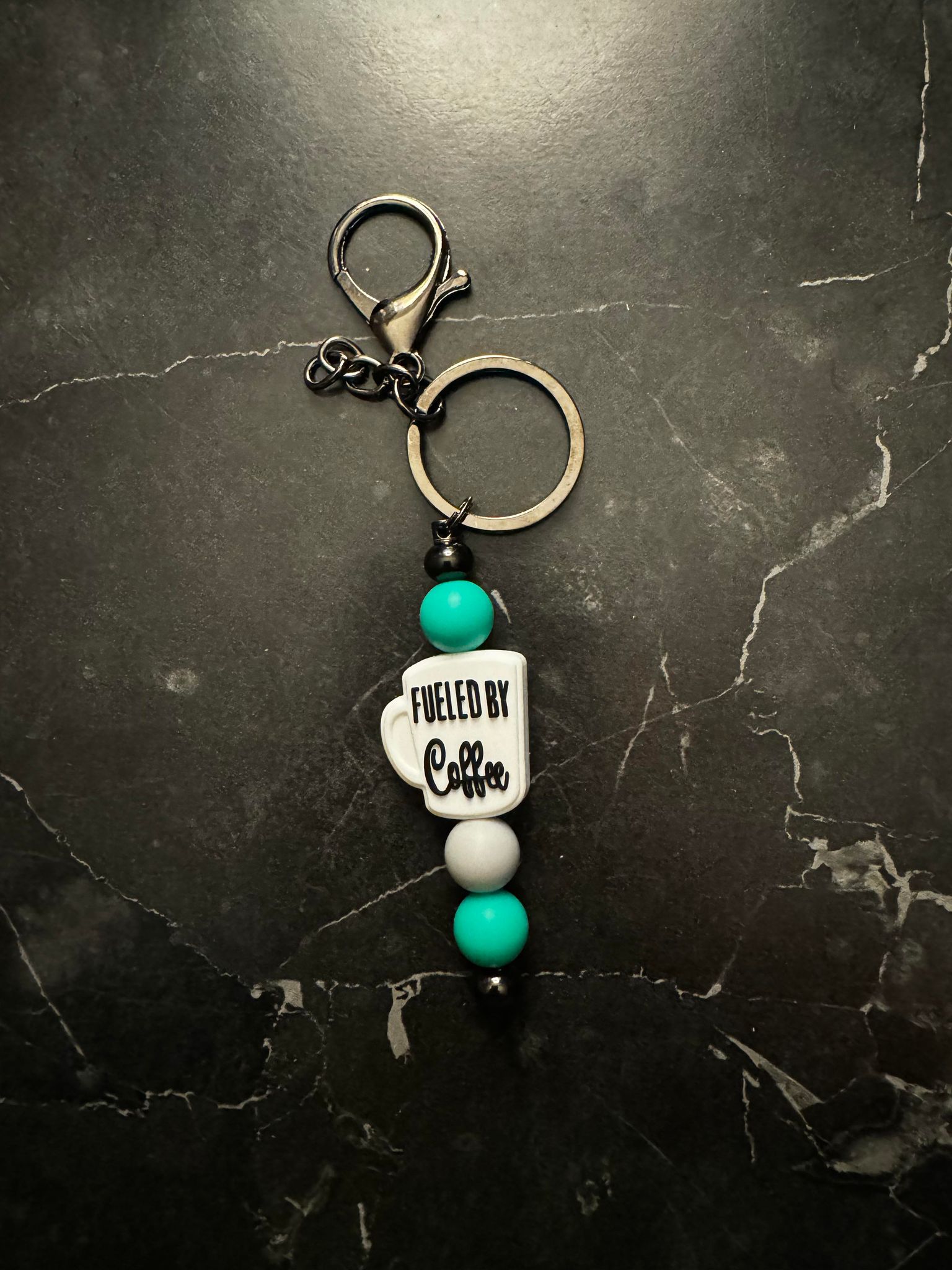 White and Black Fueled By Coffee Beaded Keychain