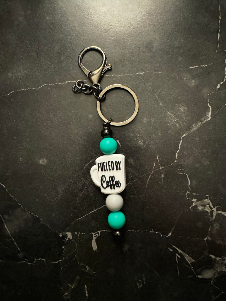 White and Black Fueled By Coffee Beaded Keychain