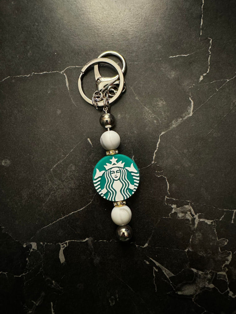 Green Coffee Theme Beaded Keychain