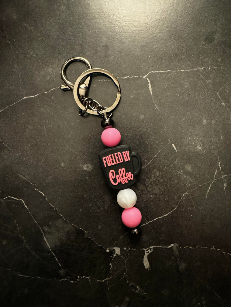 Pink and Black Fueled By Coffee Beaded Keychain