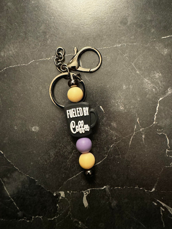 Black and White Fueled By Coffee Beaded Keychain