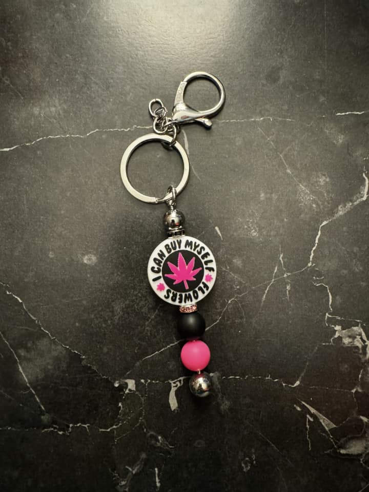 Pink I Can Buy Myself Flowers Beaded Keychain