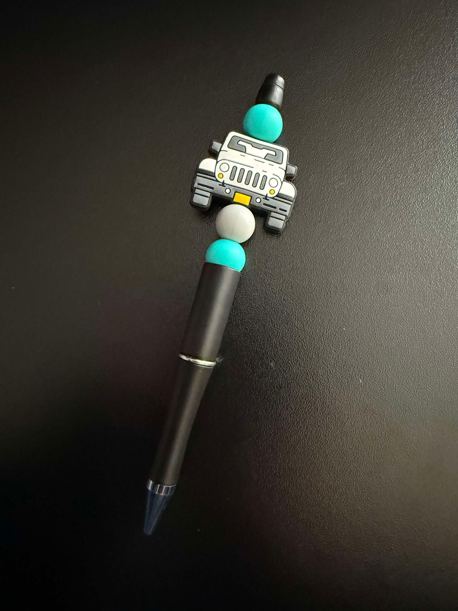 White W/Teal Green Beep Beep Theme Silicone Beaded Pen