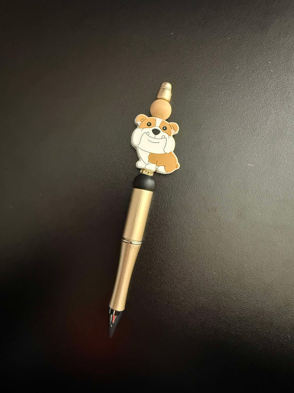 Tan and White Bulldog Silicone Beaded Pen