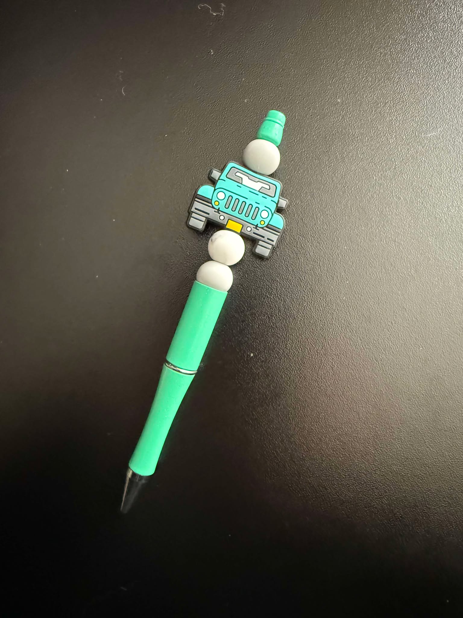 White W/Teal Green Beep Beep Theme Silicone Beaded Pen