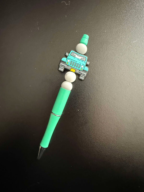 White W/Teal Green Beep Beep Theme Silicone Beaded Pen