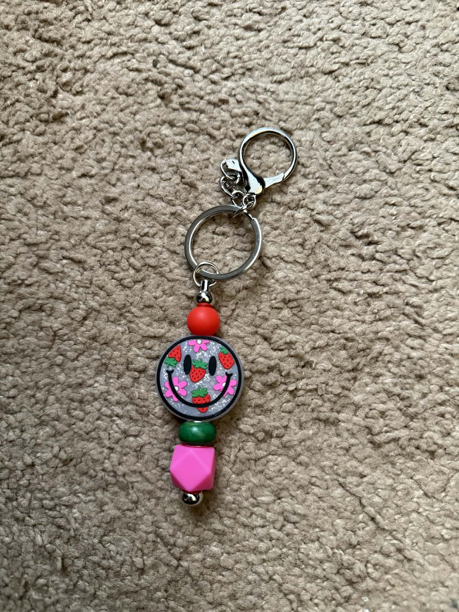 Strawberry Floral Smiley Beaded Keychain