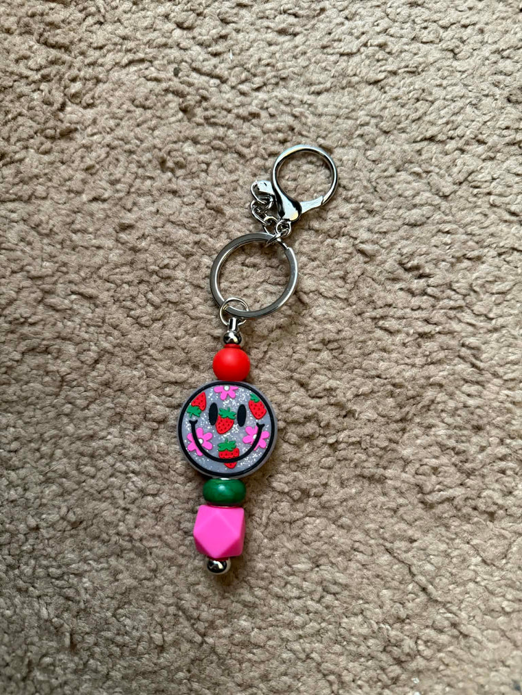 Strawberry Floral Smiley Beaded Keychain