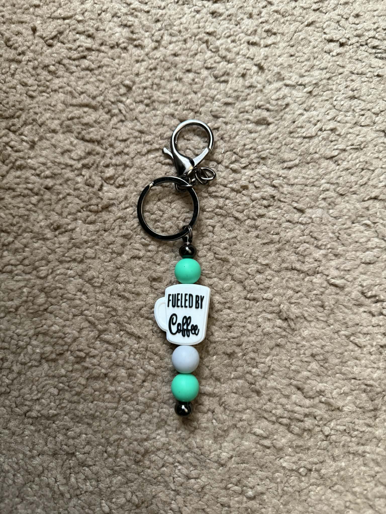 Fueled By Coffee White Beaded Keychain