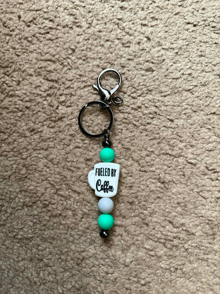 Fueled By Coffee White Beaded Keychain