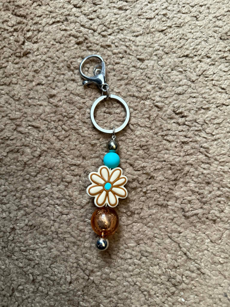 Tan Flower Beaded Keychain