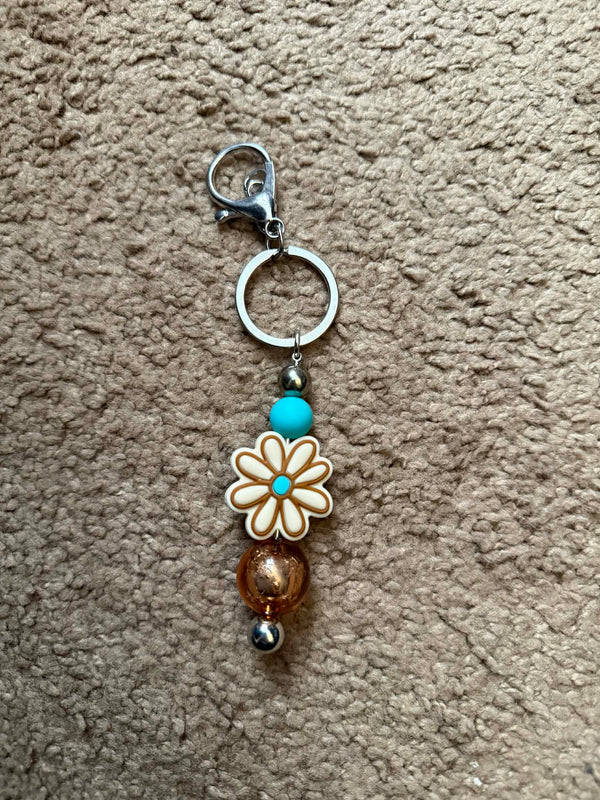 Tan Flower Beaded Keychain