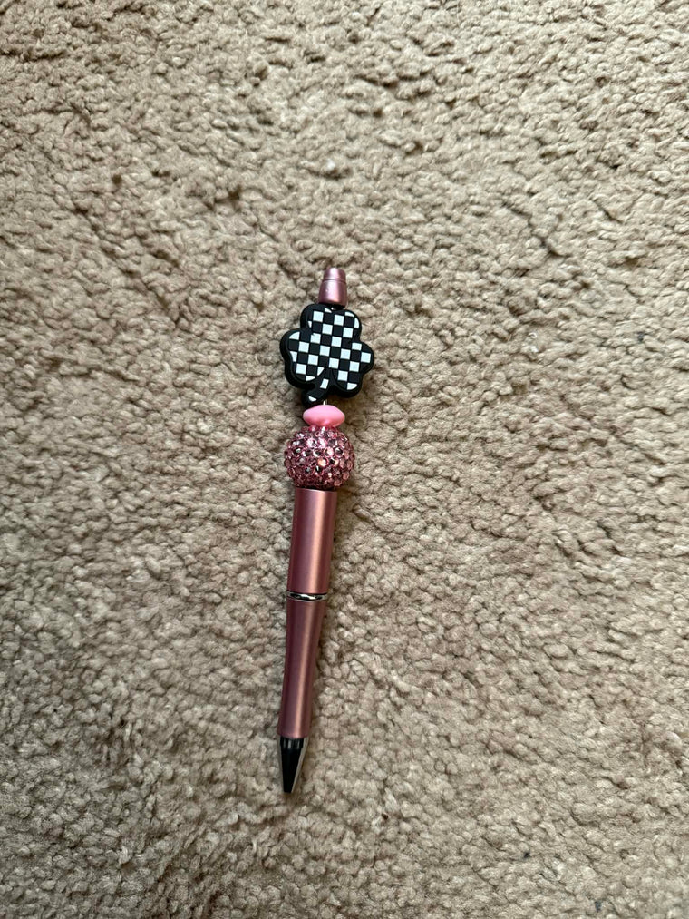 Pink Checkered Shamrock Beaded Pen