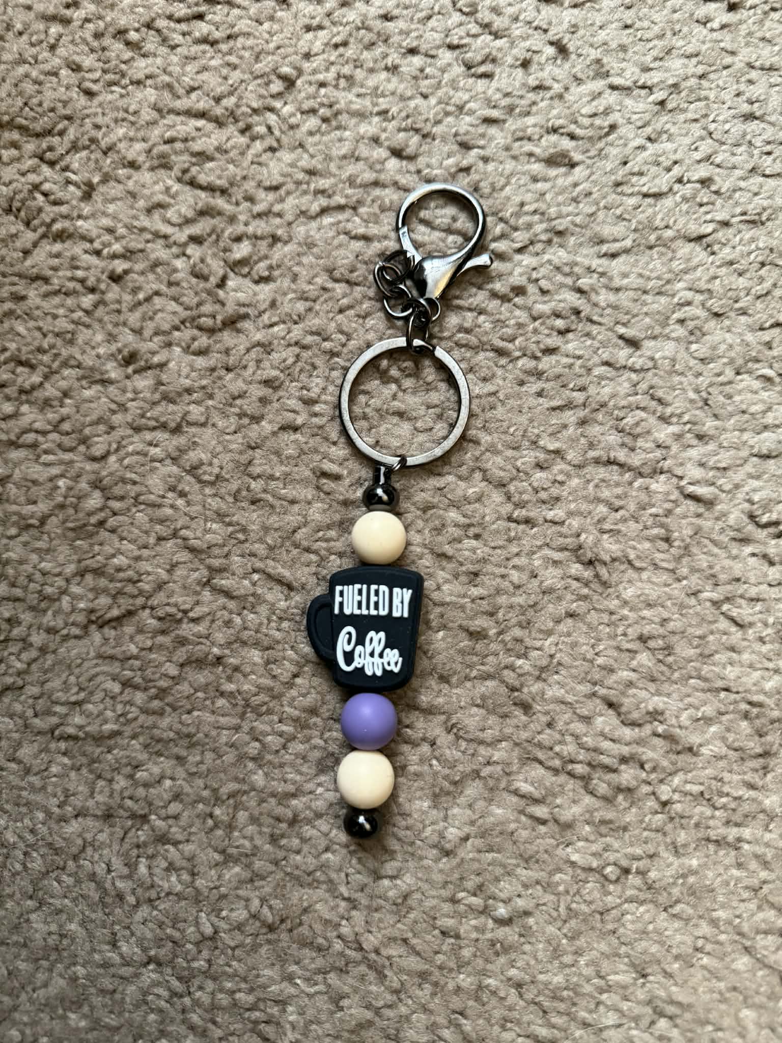 Fueled By Coffee Black and White Beaded Keychain