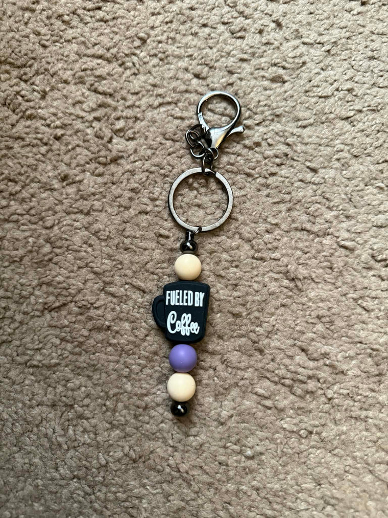 Fueled By Coffee Black and White Beaded Keychain