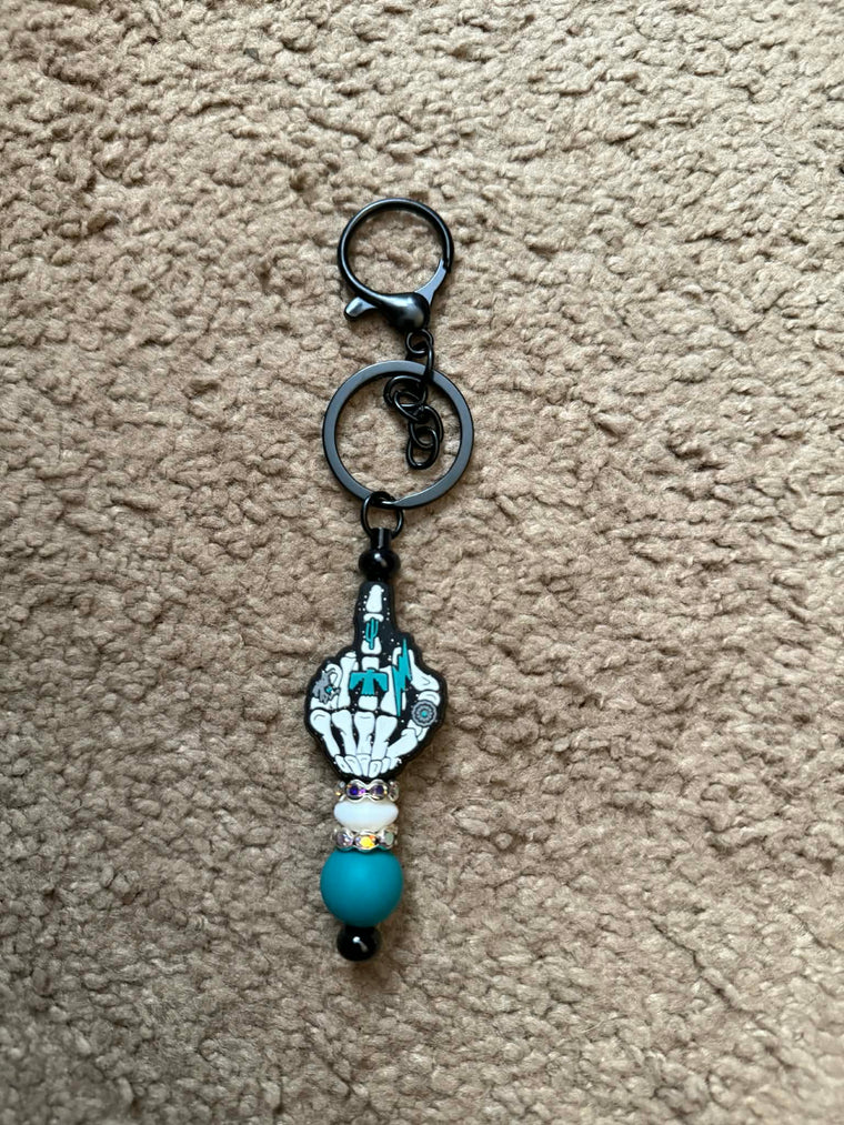 Middle Finger Skeleton Hand Beaded Keychain