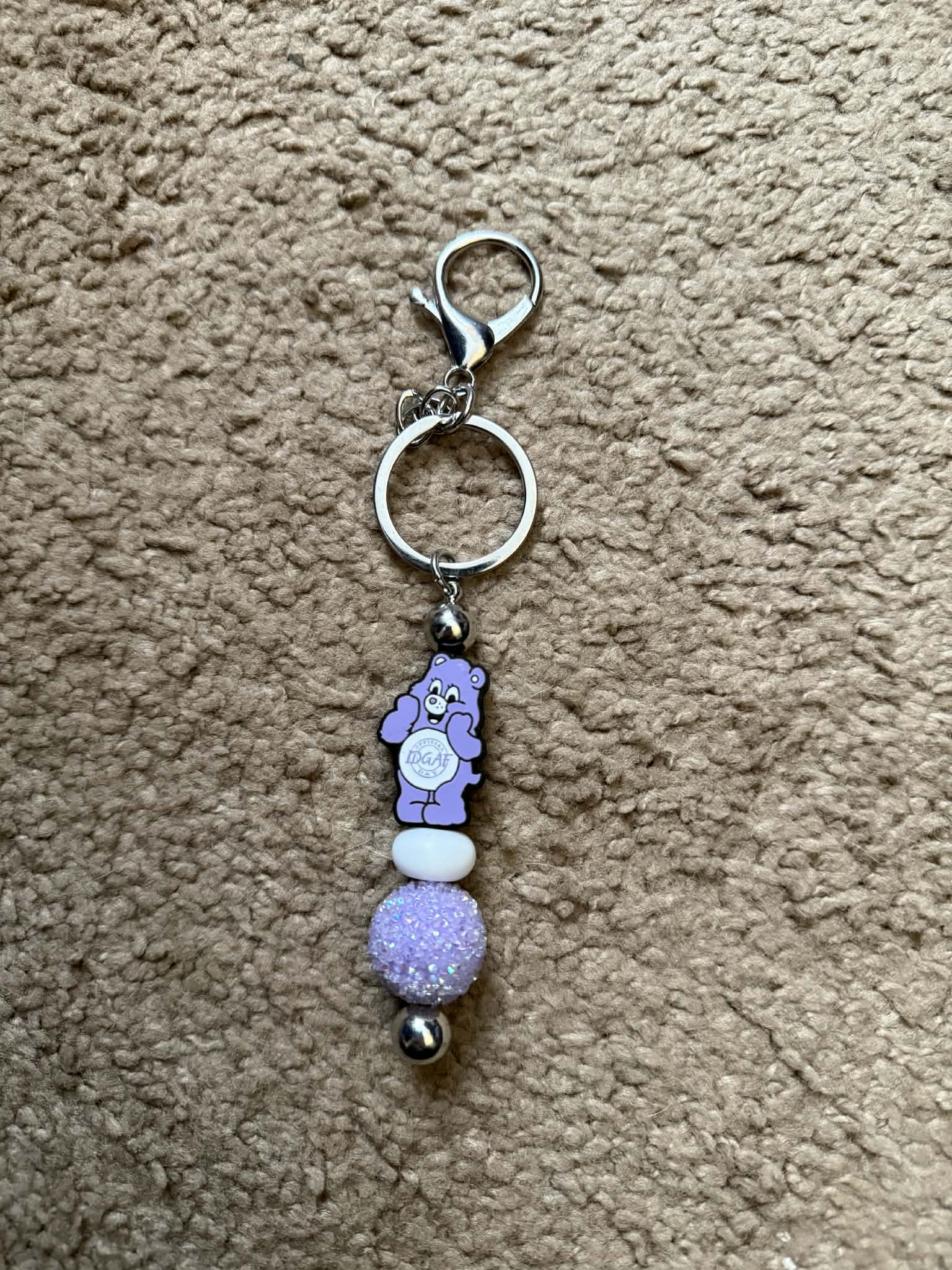 IDGAF Purple Bear Beaded Keychain