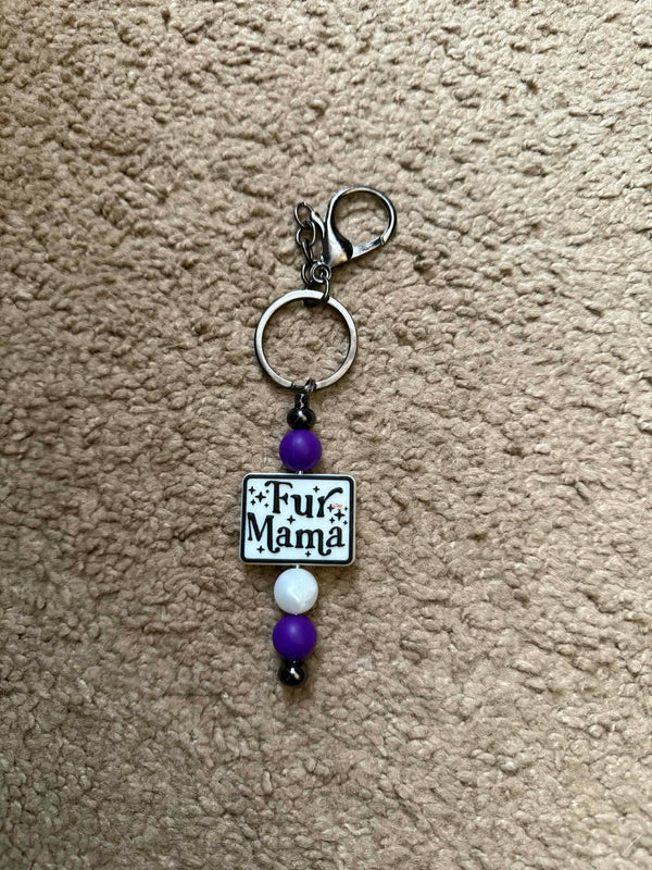 Purple Fur Mama Beaded Keychain