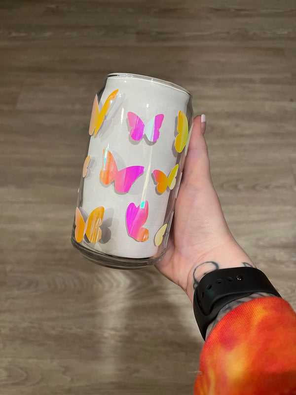 Holographic Butterfly Full Wrap Libbey Can Glass