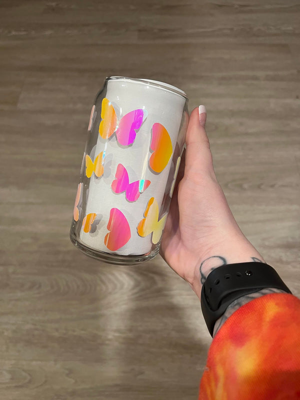 Holographic Butterfly Libbey Can Glass
