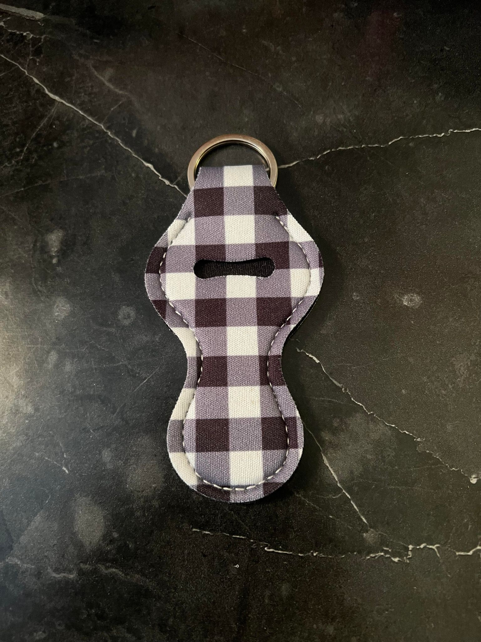 White and Black Plaid Chapstick Holder Keychain