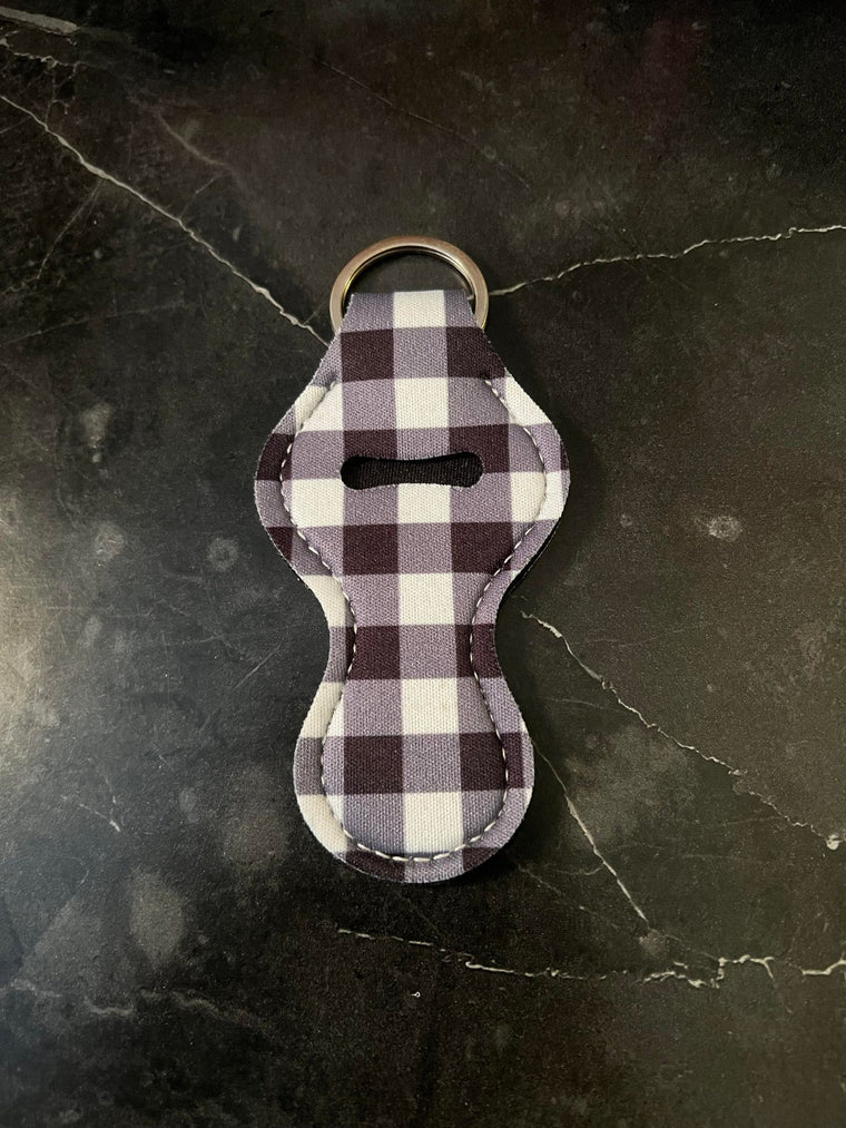 White and Black Plaid Chapstick Holder Keychain