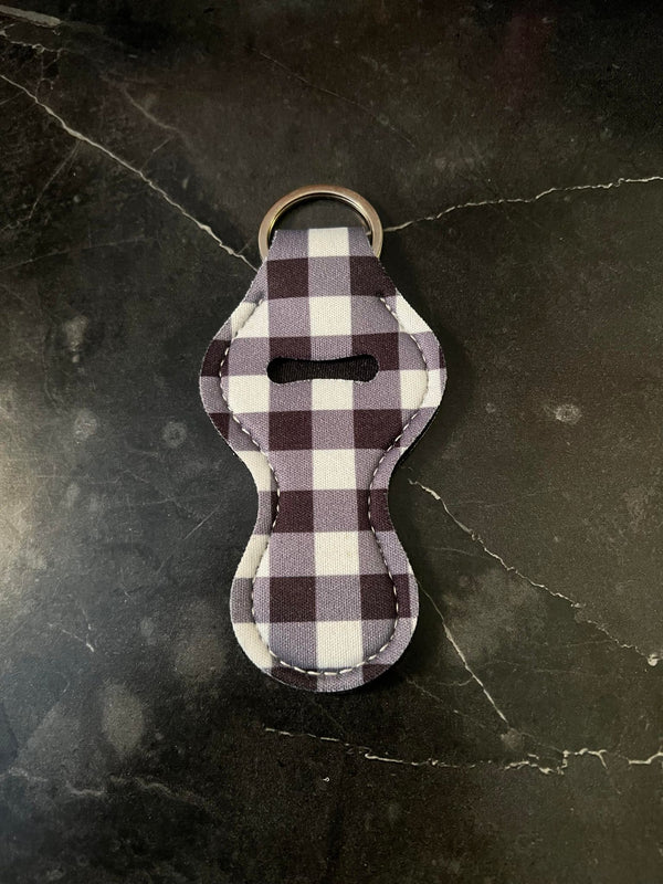 White and Black Plaid Chapstick Holder Keychain