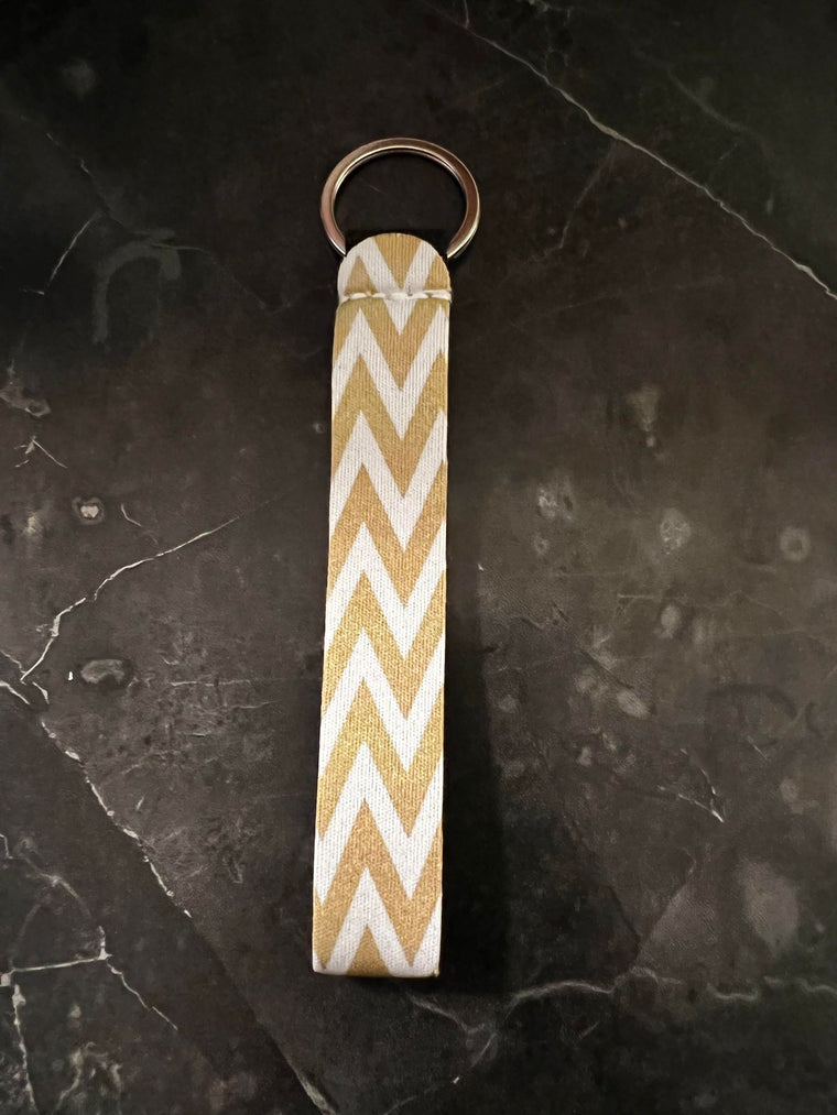 Gold and White Zig Zag Print Wristlet Keychain