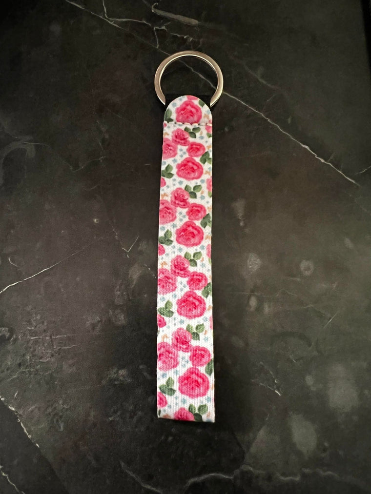 Pink Floral Print Wristlet Keychain