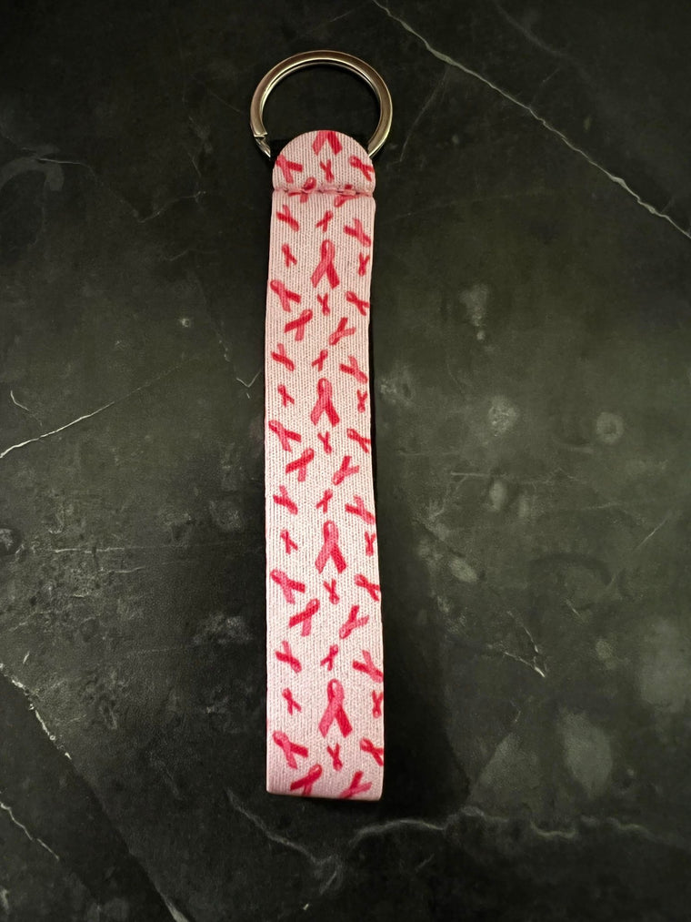 Breast Cancer Ribbon Print Wristlet Keychain