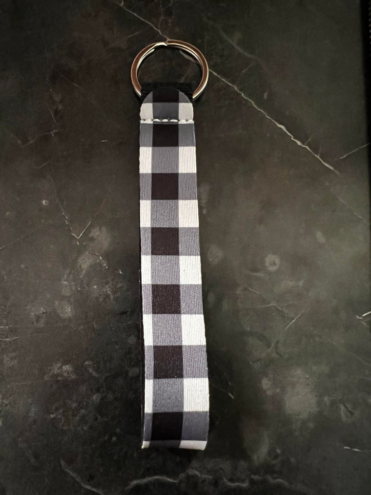 White and Black Plaid Print Wristlet Keychain