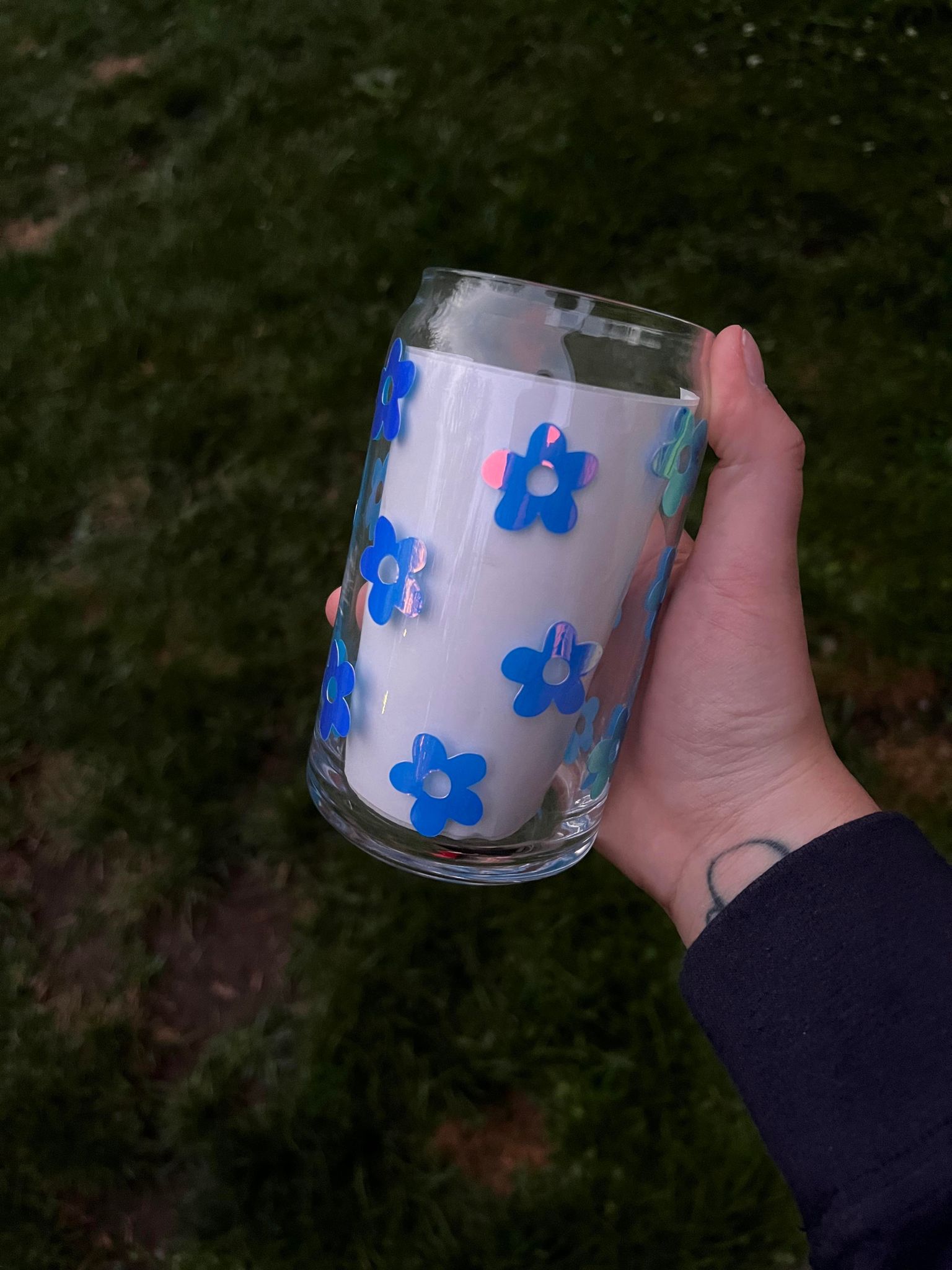 Holographic Blue Floral Libbey Can Glass