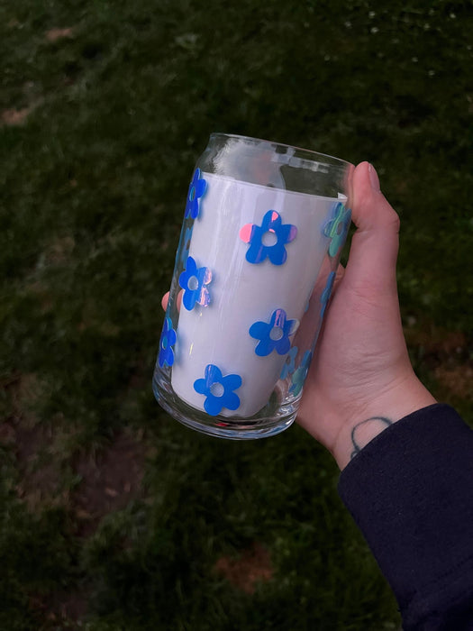 Holographic Blue Floral Libbey Can Glass