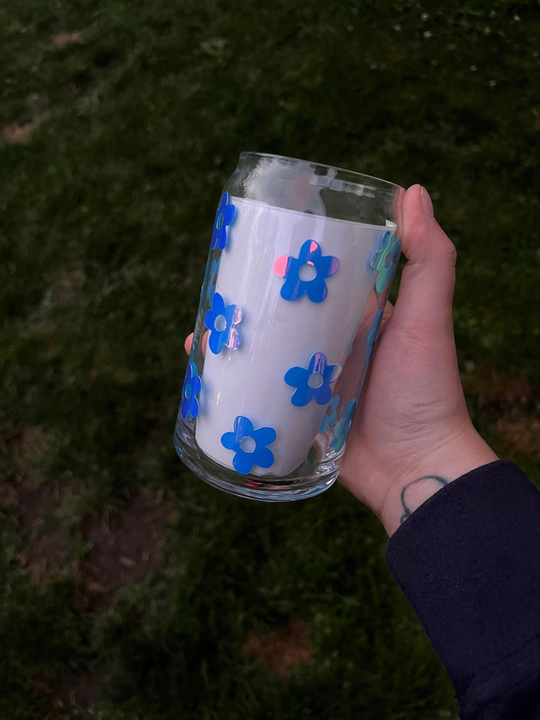 Holographic Blue Floral Libbey Can Glass