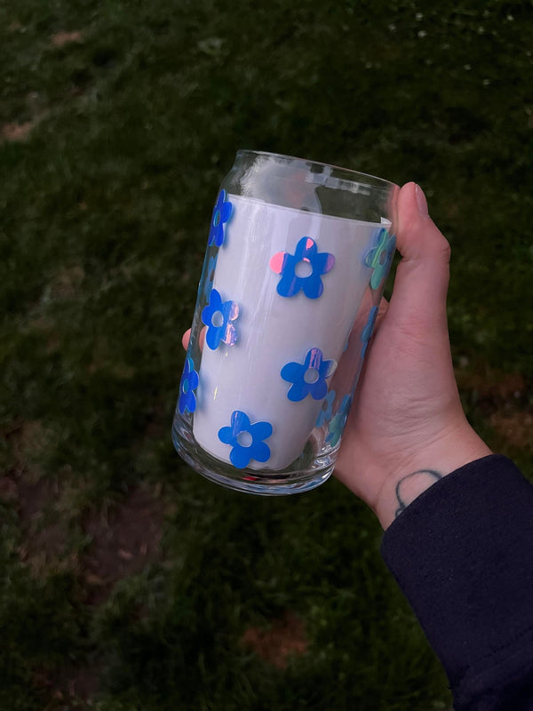 Holographic Blue Floral Libbey Can Glass