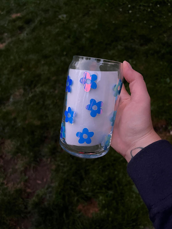 Holographic Blue Floral Libbey Can Glass