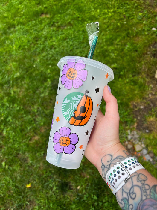 Purple Flower Pumpkin Face Tumbler