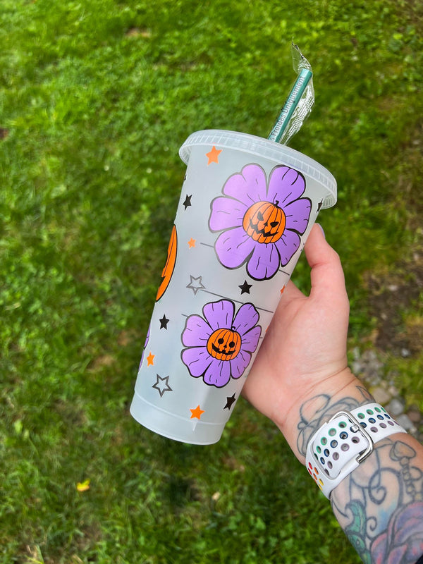 Purple Flower Pumpkin Face Tumbler