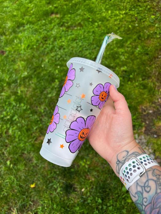 Purple Flower Pumpkin Face Tumbler