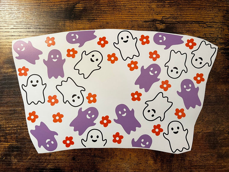 Purple and White Ghosts with Flowers Cold Cup Wrap