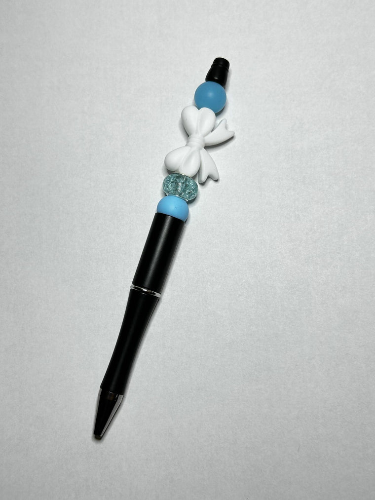 White and Blue Ribbon Theme Silicone Beaded Pen